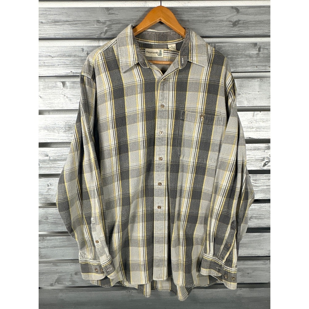Vtg Fieldmaster Mens XL Flannel Shirt Gray Plaid Long Sleeve 100% Cotton HEAVY